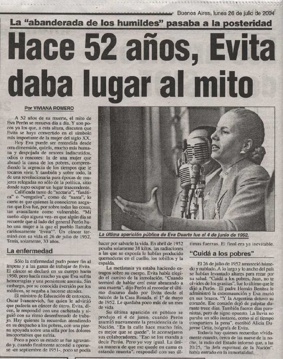 52 ANIVERSARIO DE LA MUERTE DE EVA PERON