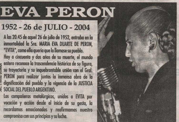 52 ANIVERSARIO DE LA MUERTE DE EVA PERON