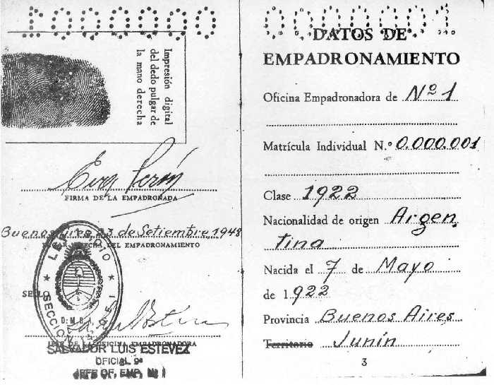 CERTIFICADO DE EMPADRONAMIENTO DE EVA PERON